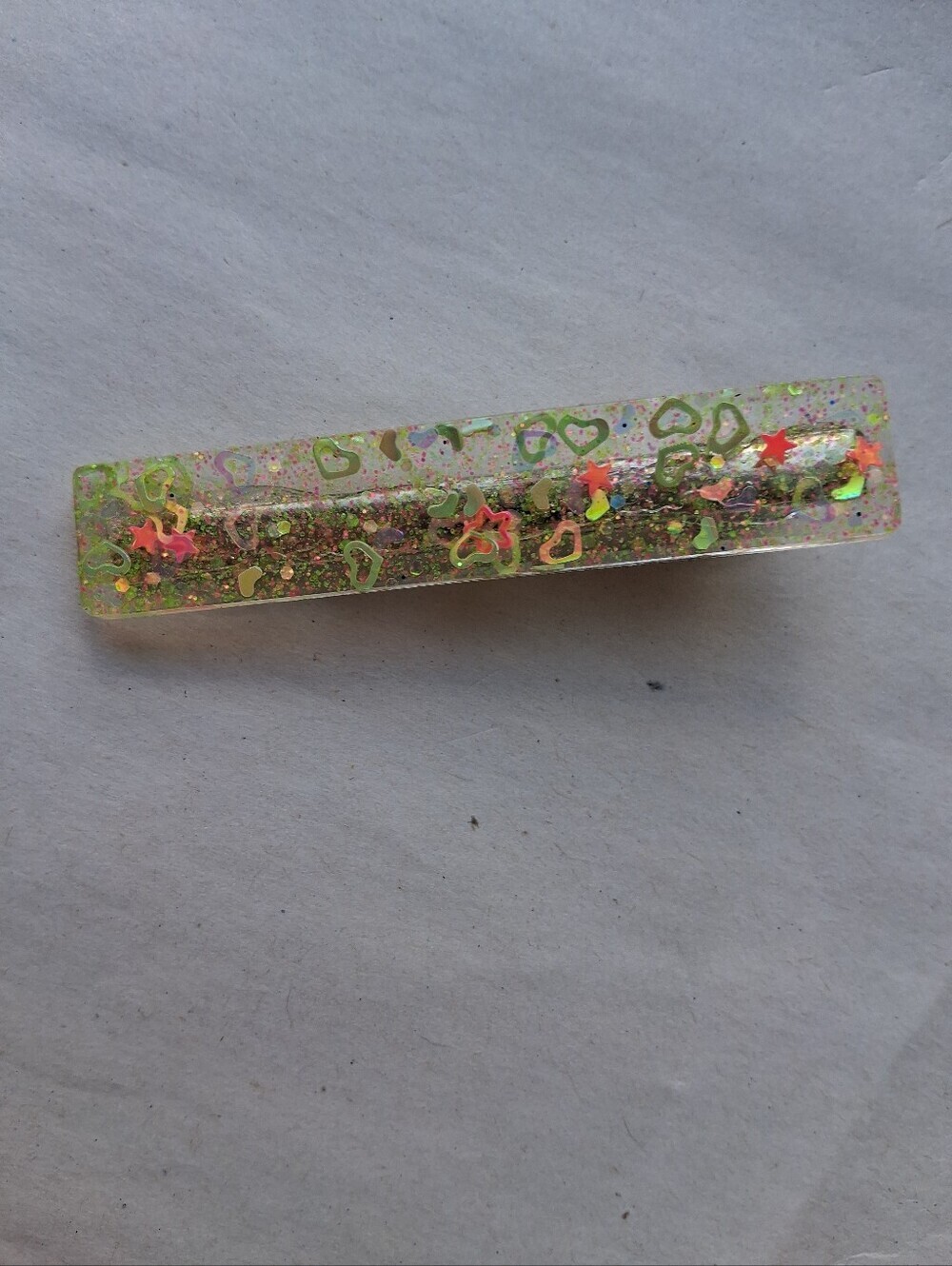 5/$25 Hand Crafted Clear Resin Barrette with Neon Green Hearts & Pink Stars